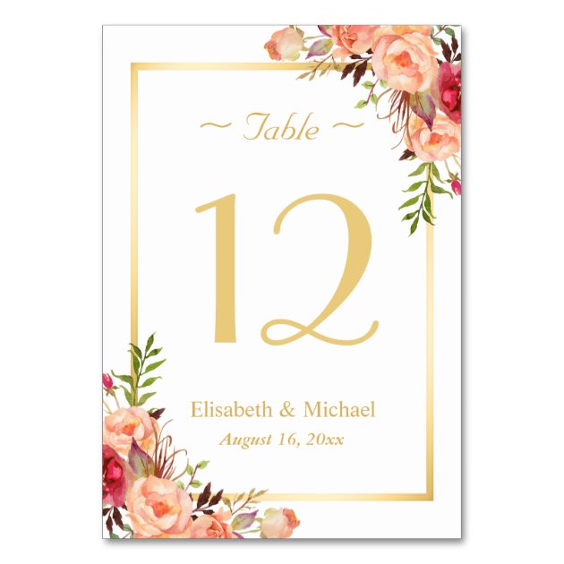 Gold Orange Rose Floral Chic Wedding Table Number Card
