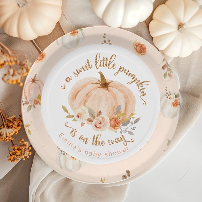 Gold orange Sweet little pumpkin baby shower Paper Plates (Creator Uploaded)