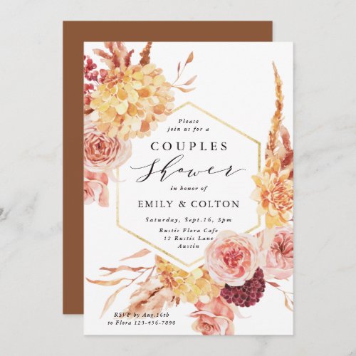 Gold Orange Terracotta Flowers Couples Shower Invitation