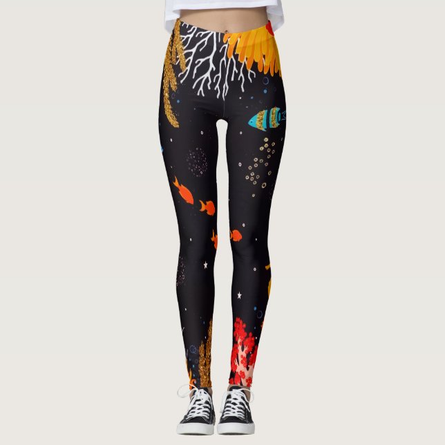 Gold Orange Tropical Summer Ocean Underwater Leggings (Front)