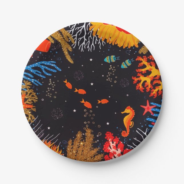 Gold Orange Tropical Summer Ocean Underwater Paper Plates (Front)