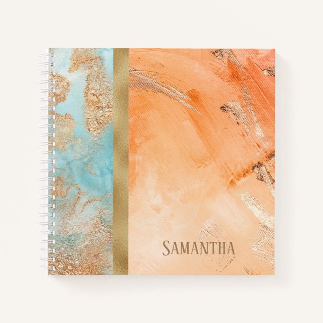 Gold Orange Turquoise Watercolor Abstract Name Notebook (Front)