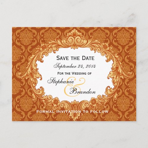Gold Orange Vintage Damask Wedding Save Date V34 Announcement Postcard