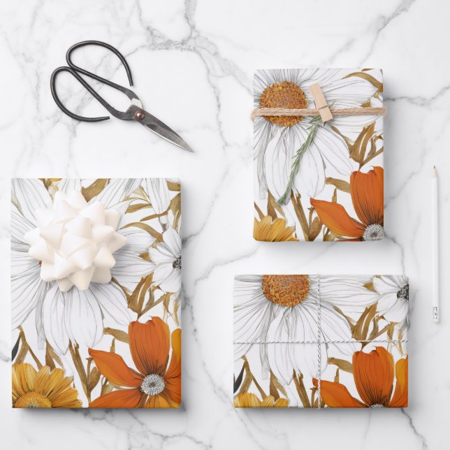Gold Orange White Daisy Boho Wildflower Decoupage Wrapping Paper Sheets (Front)