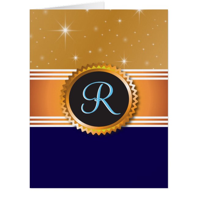 Gold Orb Stars Sapphire Blue Monogram Cards (Front)