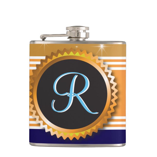 Gold Orb Stars Sapphire Blue Monogram Hip Flask (Front)