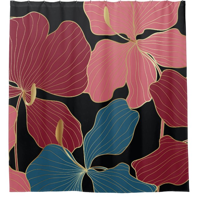Gold orchids, elegant floral line art. shower curtain (Front)
