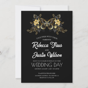 Gold Orchids Flowers with Butterfly on Black Invitation