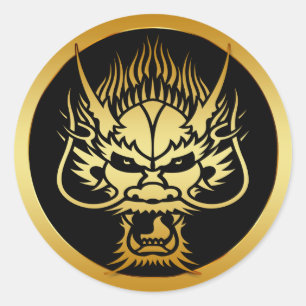 GOLD ORIENTAL DRAGON HEAD CLASSIC ROUND STICKER