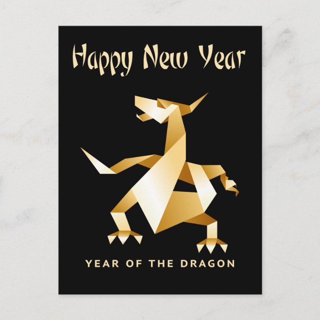 Gold Origami Year of the Dragon on Black  2012 Holiday Postcard (Front)