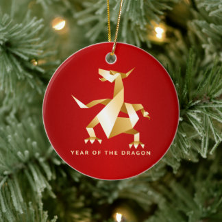 Gold Origami Year of the Dragon on Red 2012 Ceramic Ornament