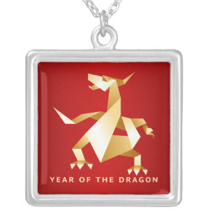 Gold Origami Year of the Dragon on Red Silver Plated Necklace