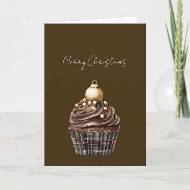 Gold Ornament Chocolate Plaid Cupcake Christmas Card (Front)