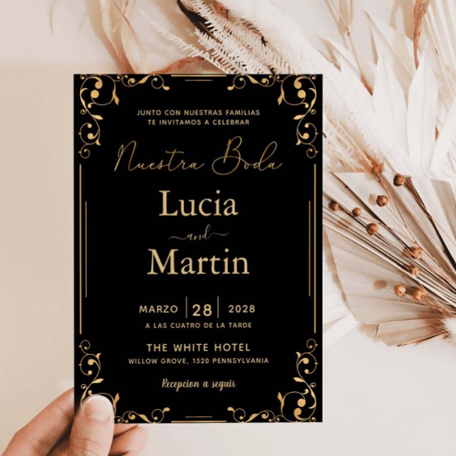 Gold Ornament Corner Black Spanish Nuestra Boda Invitation (Creator Uploaded)