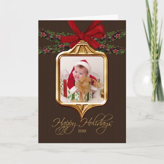 Gold Ornament Frame Photo Christmas Card (Front)