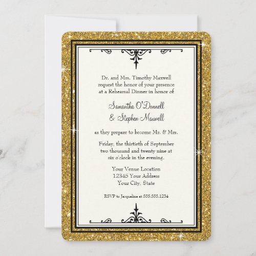 Gold Ornament Glitter Striped Classic Elegant Invitation