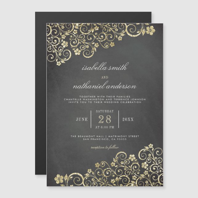 Gold Ornament on Blackboard | Modern Wedding Magnetic Invitation (Front/Back)