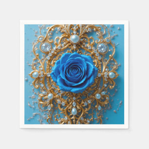 Gold Ornament with Blue Rose and Pearl Napkins
