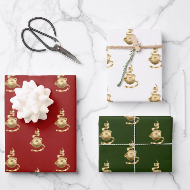 Gold Ornament Wrapping Paper Flat Sheet Set of 3 (Front)