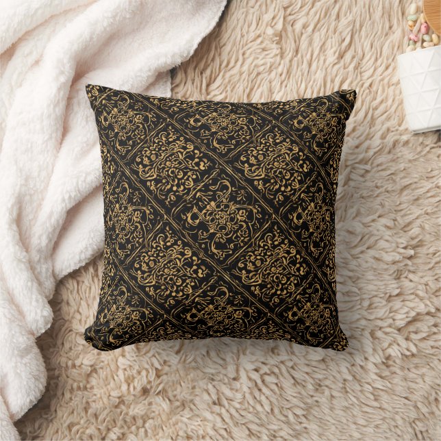 Gold Ornamental Baroque Pattern On Black Throw Pillow (Blanket)