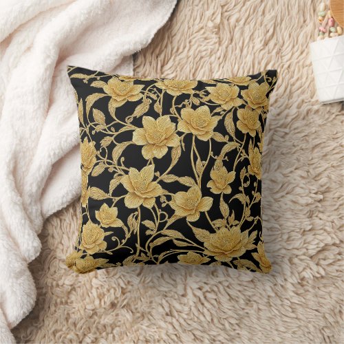 Gold Ornamental flower pattern AI Throw Pillow