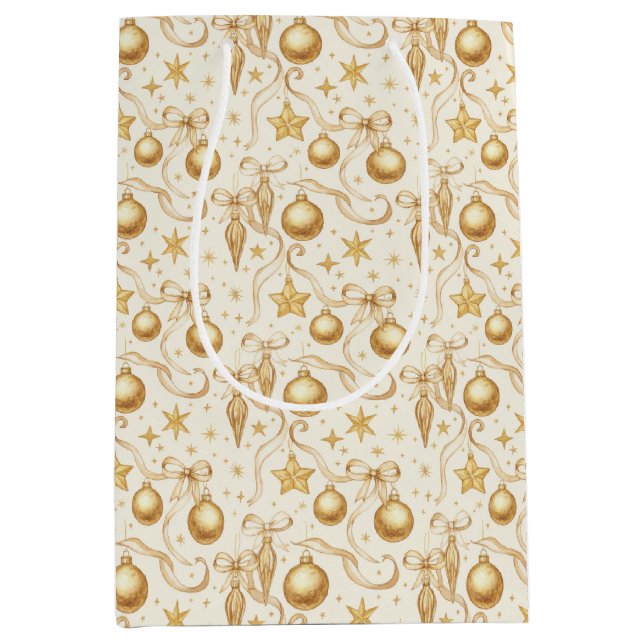 Gold Ornaments Bows Christmas Holiday Medium Gift Bag (Front)