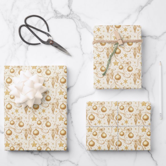 Gold Ornaments Bows Christmas Holiday Wrapping Paper Sheets (Front)