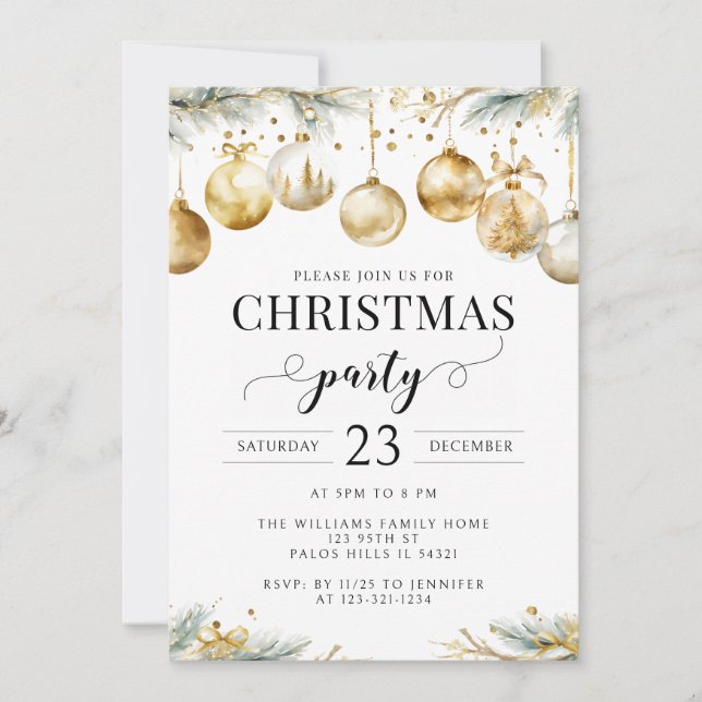 Gold Ornaments Christmas Tree Party Invitation (Front)