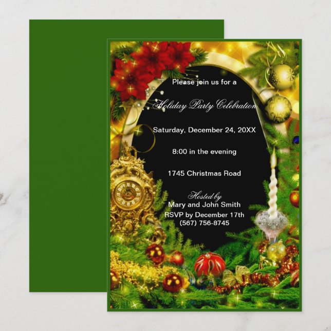 Gold Ornaments Green Pine Christmas Party Invitation (Front/Back)
