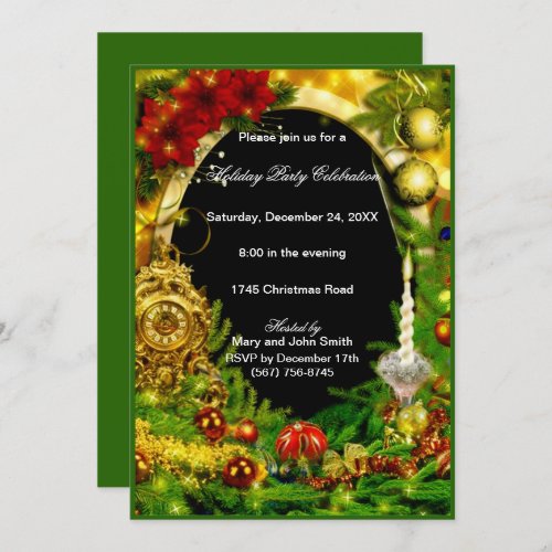 Gold Ornaments Green Pine Christmas Party Invitation