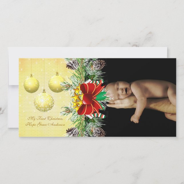 Gold Ornaments My 1st Christmas Baby Photo Card (Front)