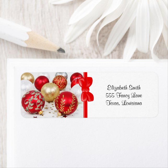 Gold Ornaments, Red Ornaments, Christmas, Glitter Label (Insitu)