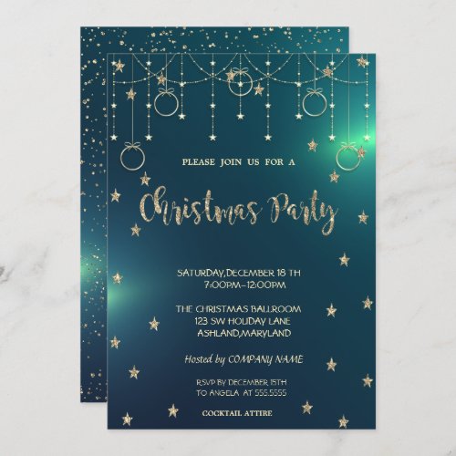 Gold OrnamentsStars Green Company Christmas Party Invitation
