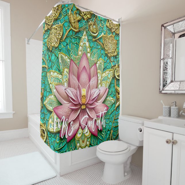 Gold Ornate and Pink Lotus with Personalized Name Shower Curtain (In Situ)