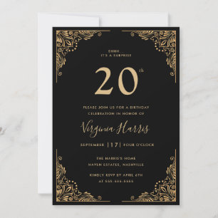 Gold Ornate Border Black Twenty 20th Birthday Invitation