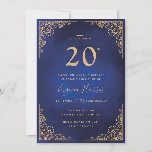 Gold Ornate Border Blue Twenty 20th Birthday Invitation (Front)
