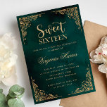 Gold Ornate Border Green Sweet Sixteen 16 Birthday Invitation<br><div class="desc">Gold Ornate Border Emerald Green Sweet Sixteen 16 Birthday</div>