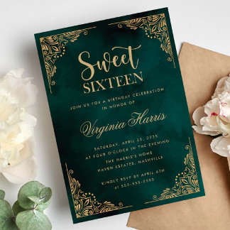 Gold Ornate Border Green Sweet Sixteen 16 Birthday Invitation