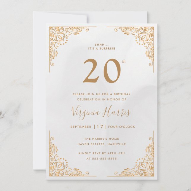 Gold Ornate Border Twenty 20th Birthday Invitation (Front)