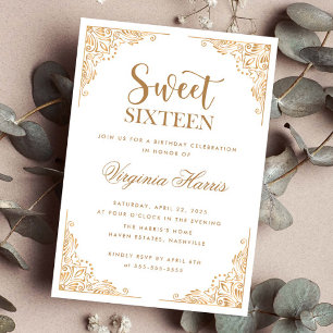 Gold Ornate Border White Sweet Sixteen 16 Birthday Invitation