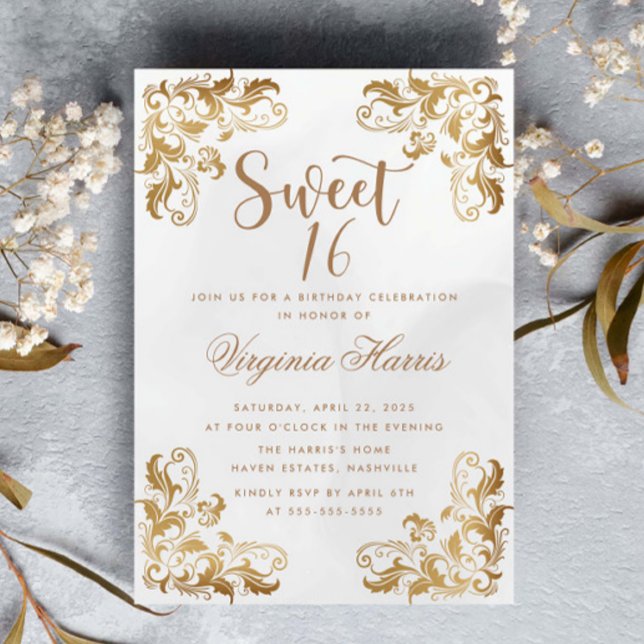 Gold Ornate Corner Cream Sweet Sixteen 16 Birthday Invitation (Creator Uploaded)