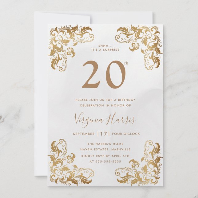 Gold Ornate Corner Cream Twenty 20th Birthday Invitation (Front)