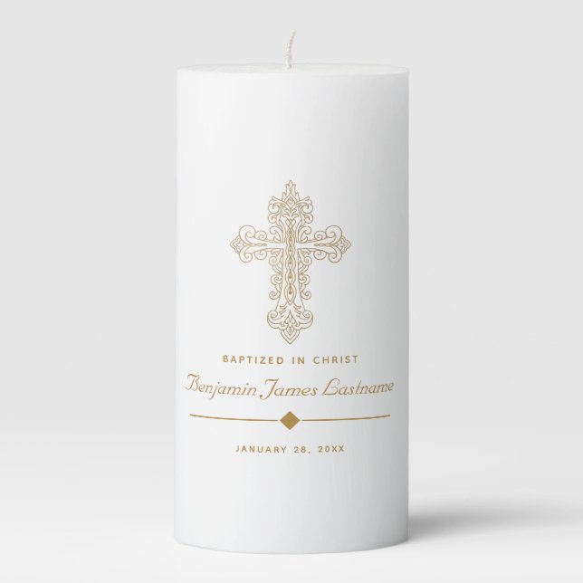 Gold Ornate Cross Baptism Pillar Candle (Front)