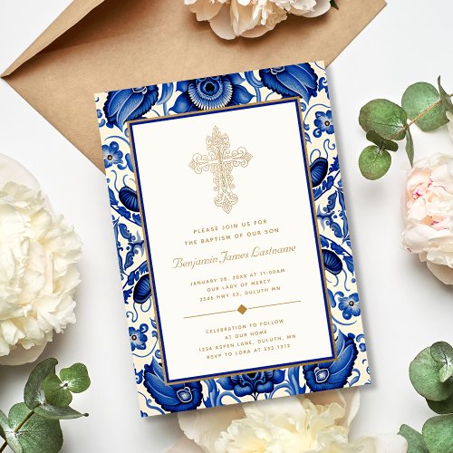 Gold Ornate Cross Blue Mediterranean Tile Baptism Invitation