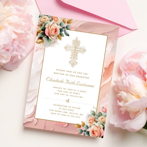 Gold Ornate Cross Peach Pink Floral Girl Baptism Invitation