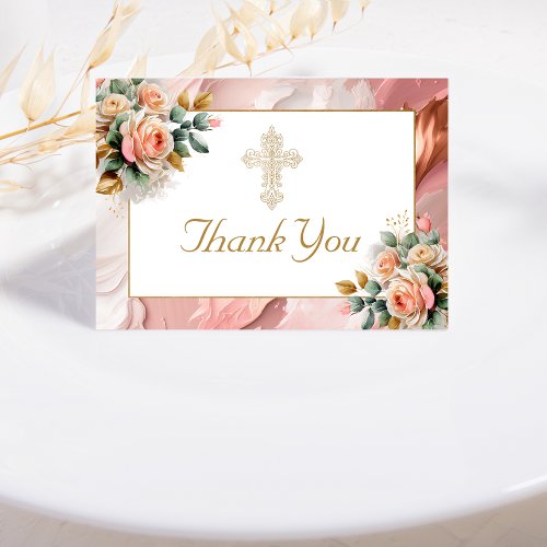 Gold Ornate Cross Peach Pink Floral Girl Baptism Thank You Card