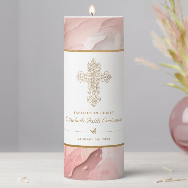 Gold Ornate Cross Peach Pink Girl Baptism Pillar Candle (In Situ)