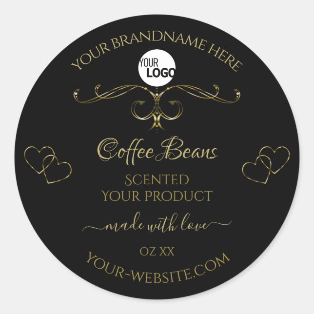 Gold Ornate Cute Hearts Black Product Labels Logo (Front)