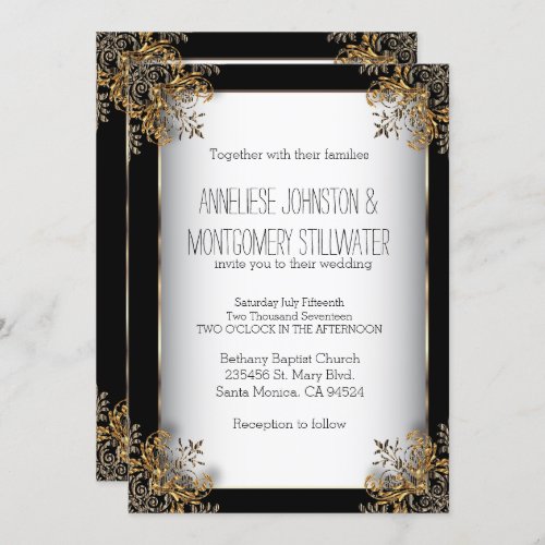 Gold Ornate Design on Black  White Invitation
