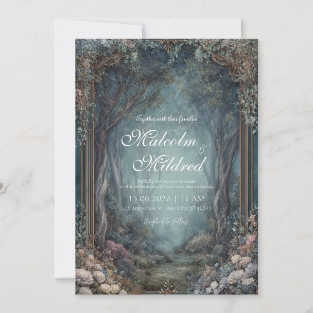 Gold Ornate Enchanted Forest Teal Floral Wedding Invitation (Front)